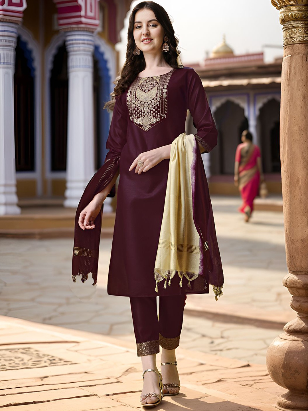 

KALINI Floral Embroidered Straight Kurta With Trousers & Dupatta, Maroon