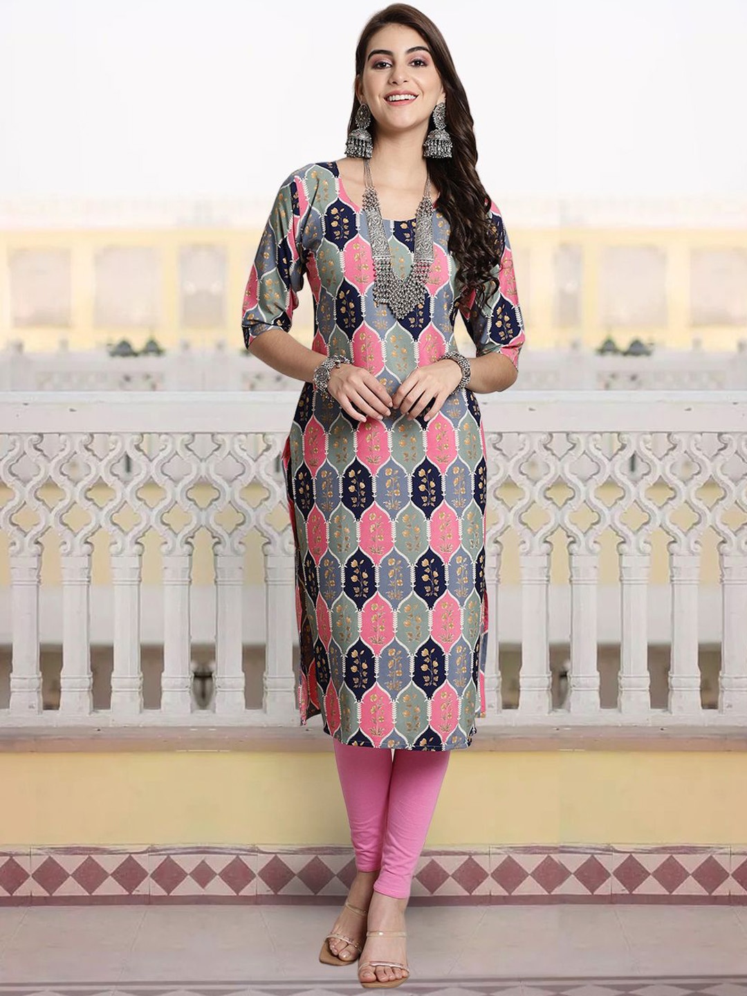 

7Threads Ethnic Motifs Printed Straight Kurta, Navy blue