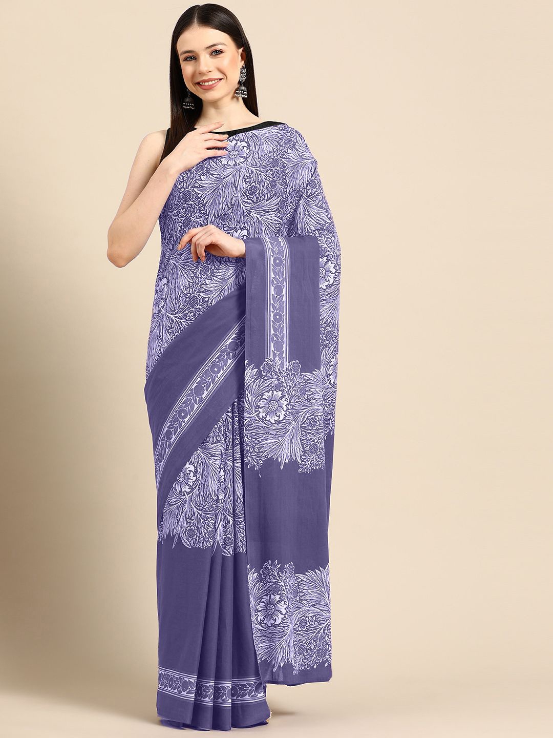

BUTA BUTI Floral Pure Cotton Saree, Purple