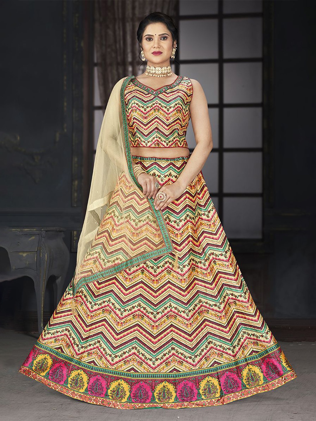 

EthnicTree Printed Beads and Stones Ready to Wear Lehenga & Blouse With Dupatta, Yellow