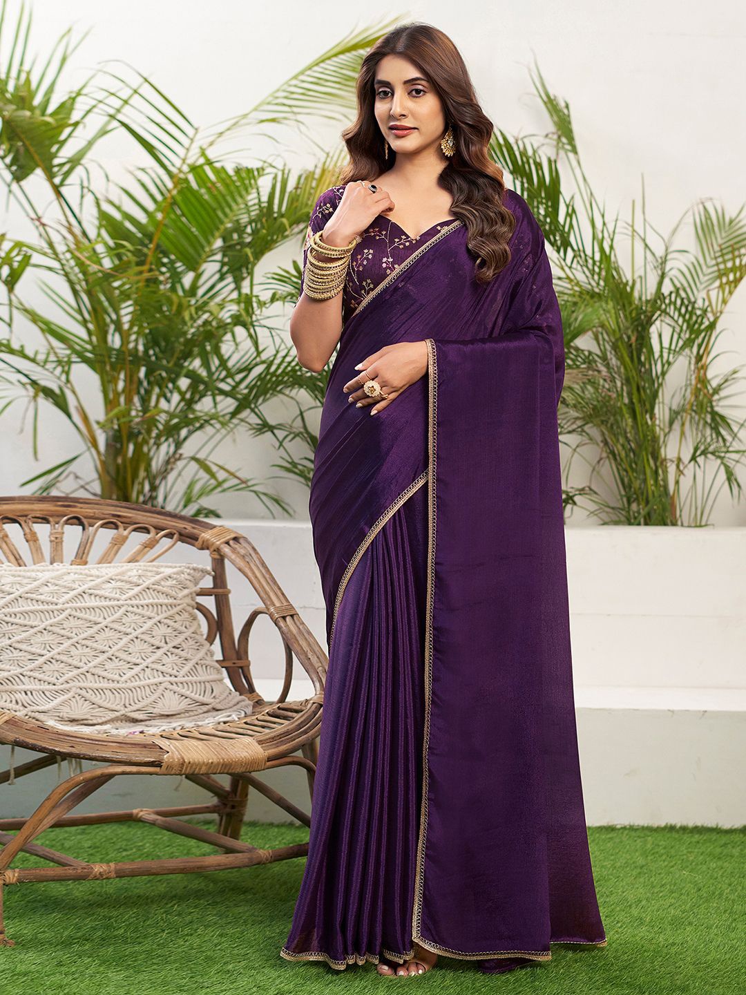 

KALINI Zari Pure Chiffon Saree, Purple