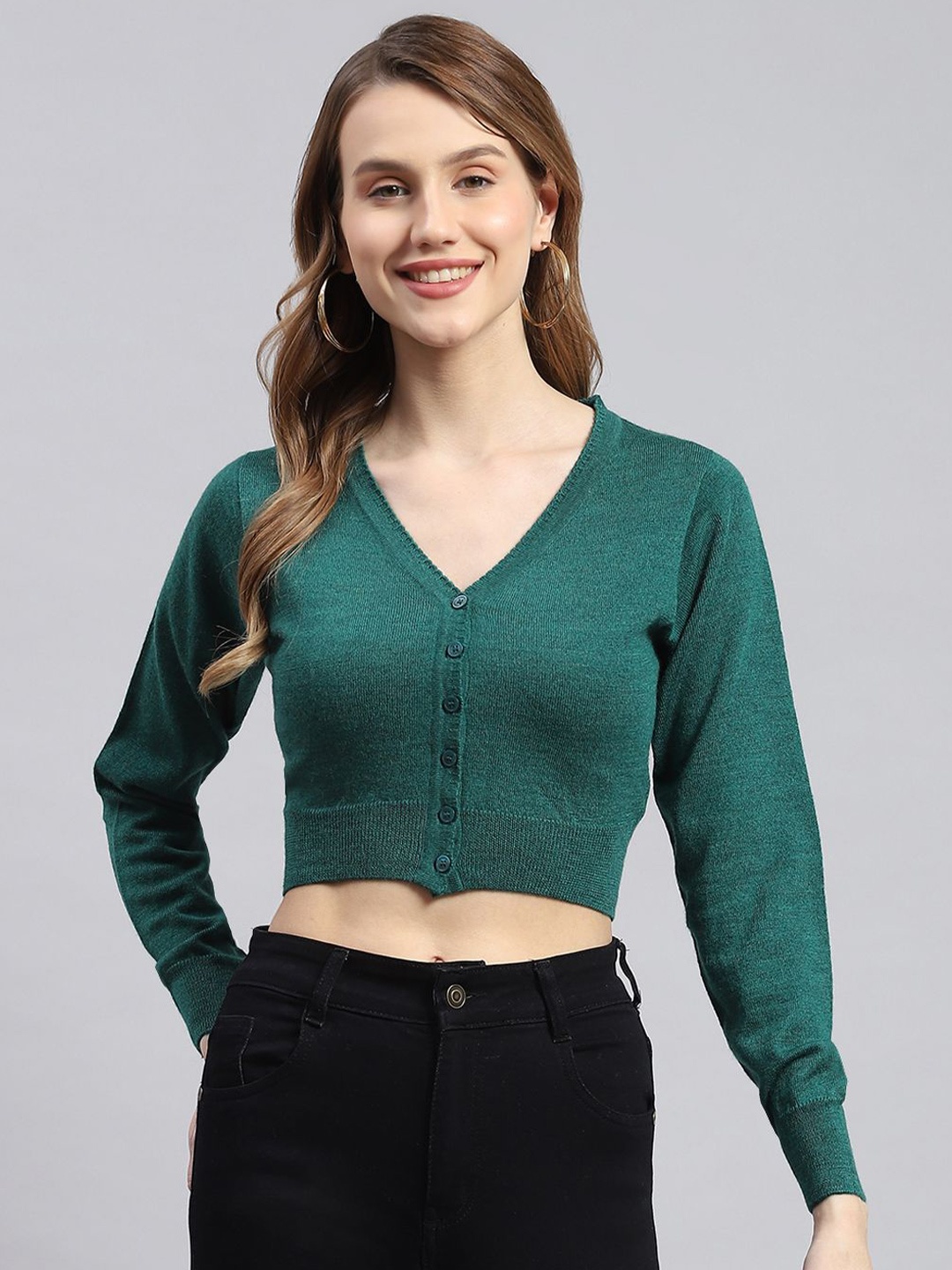 

Monte Carlo Women Woollen Crop Cardigan, Green