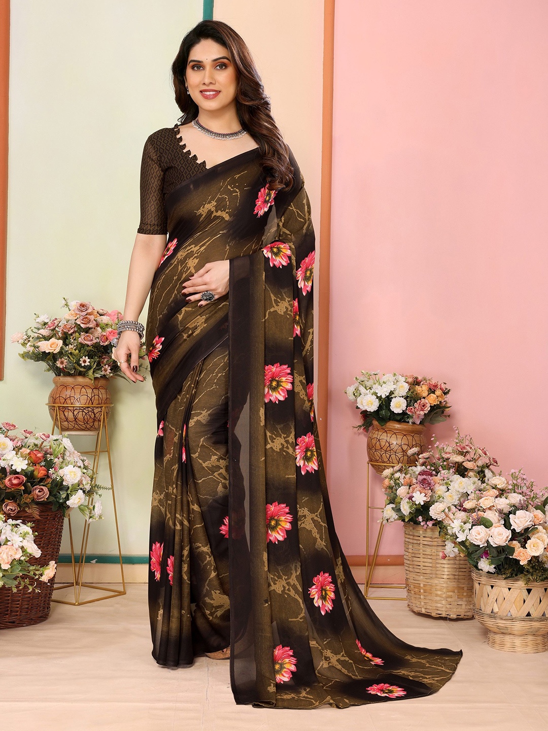 

Ambuja International Floral Poly Georgette Saree, Brown