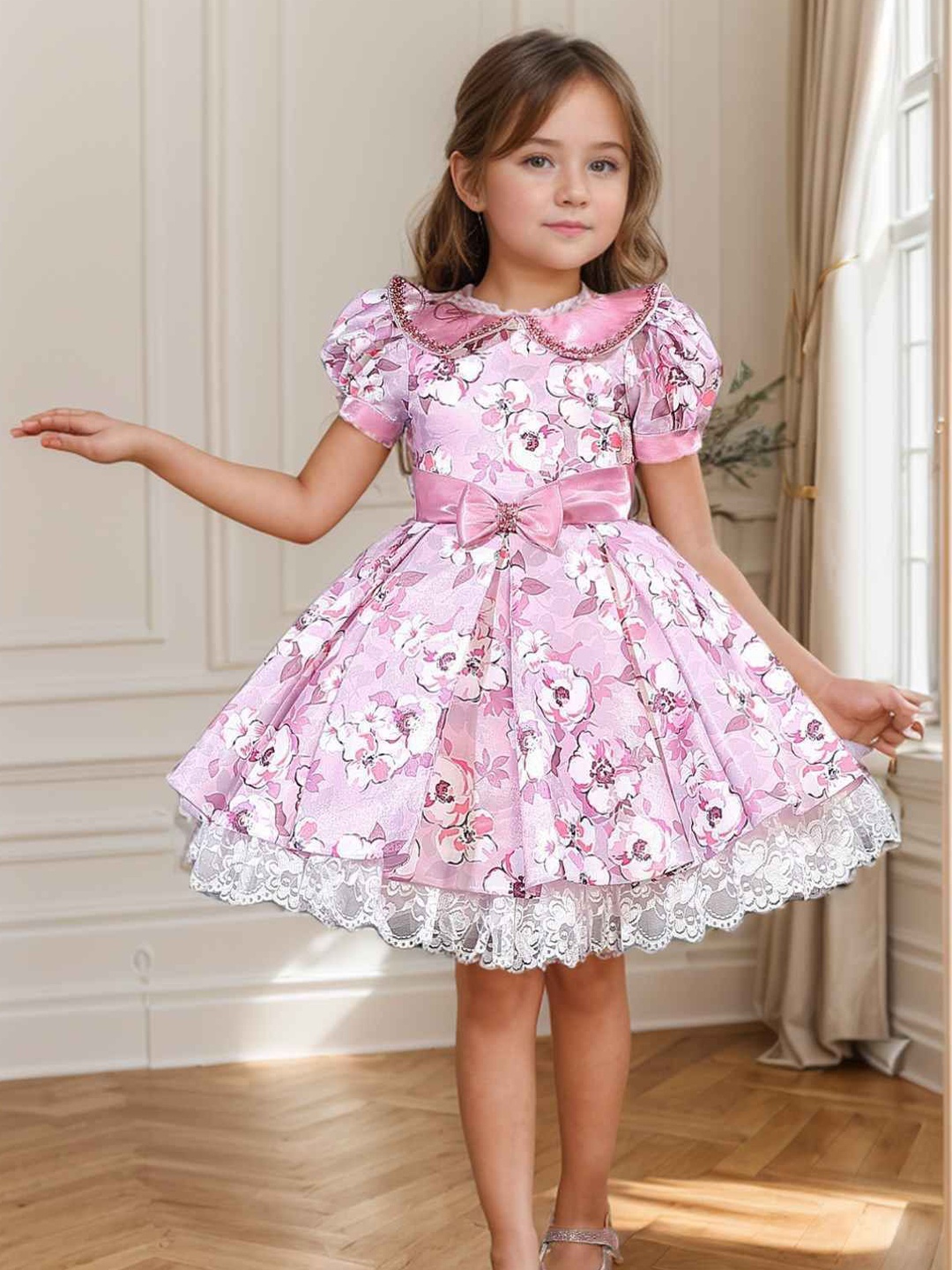 

Lagorii Floral Printed Peter Pan Collar Puff Sleeves Satin Layered Fit & Flare Dress, Pink