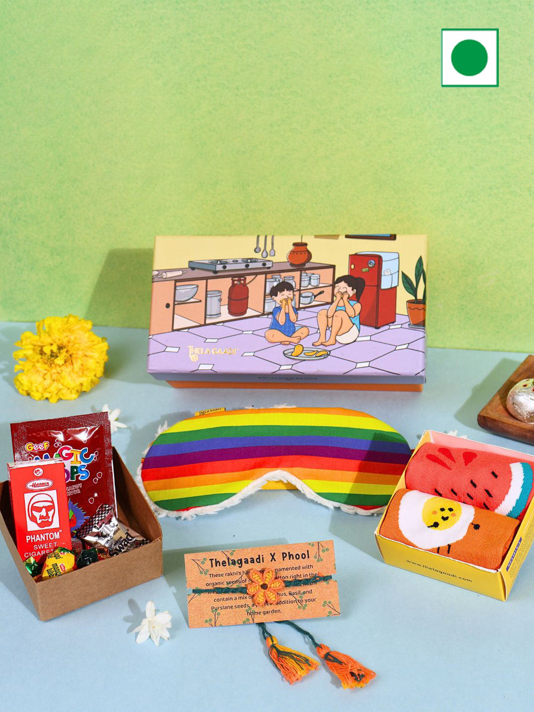 

Thela Gaadi Floral Thread Rakhi with Assorted Gifts, Yellow