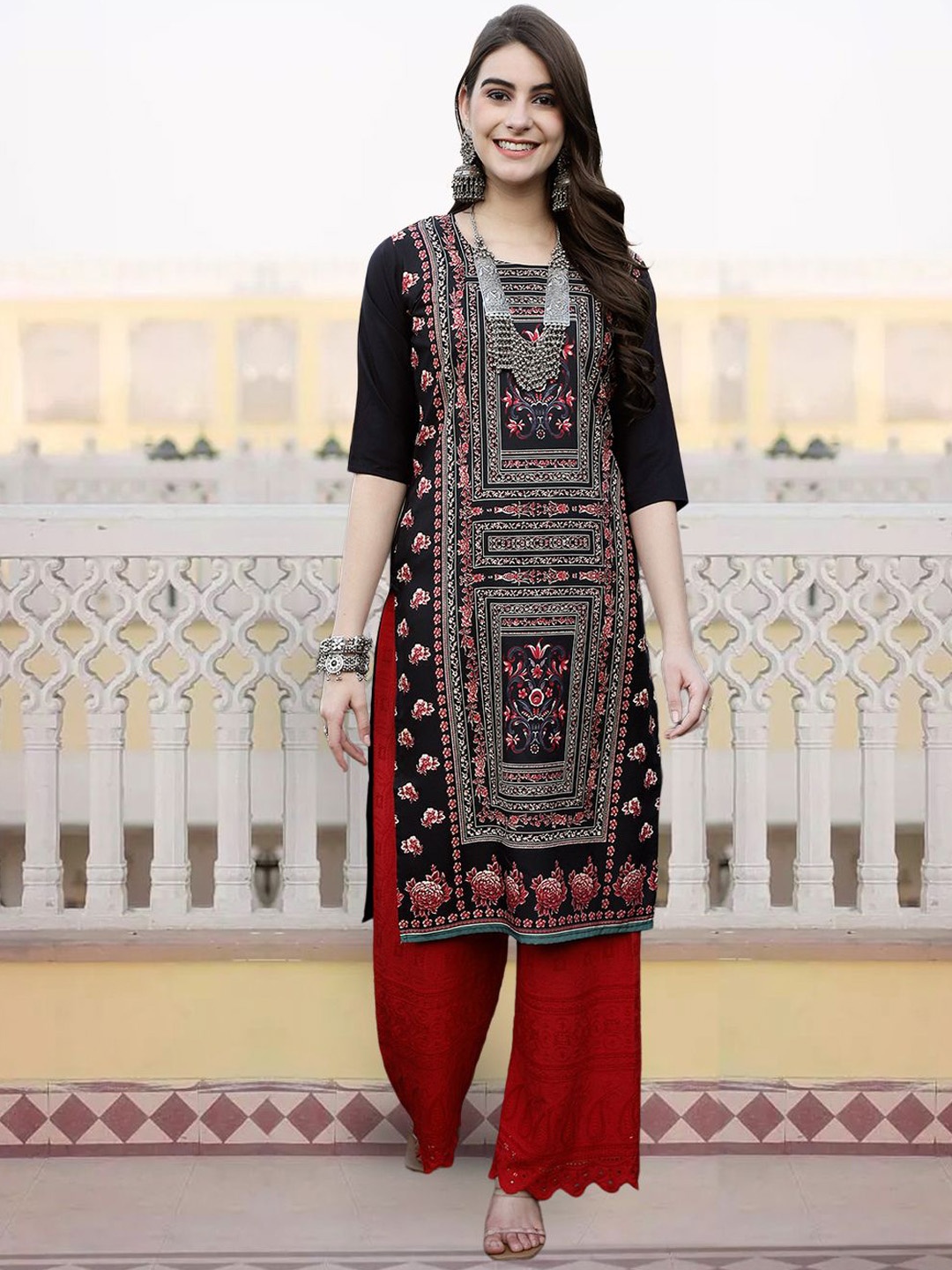 

KALINI Floral Printed Round Neck Straight Kurta, Navy blue