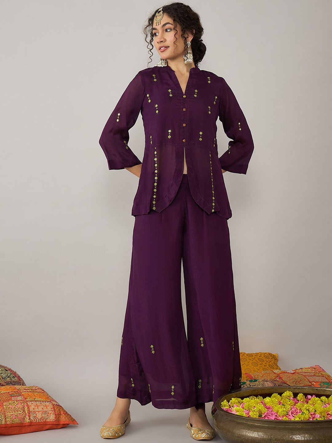 

STADO Embroidered Top With Palazzos, Purple