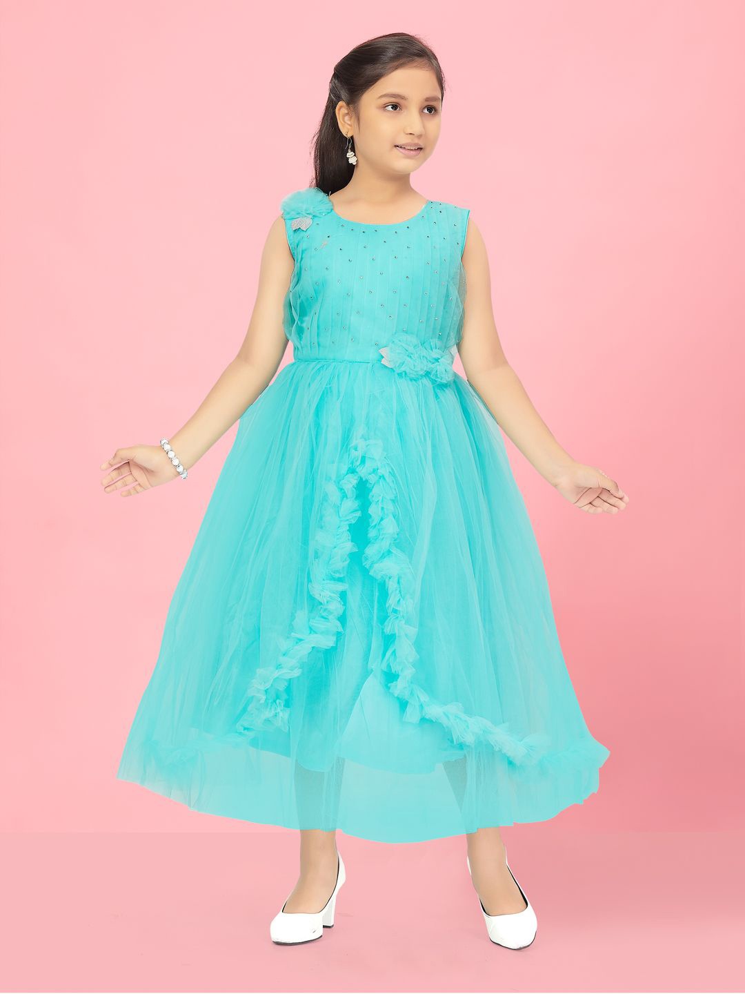 

BAESD Girls Embellished Net Maxi Dress, Sea green