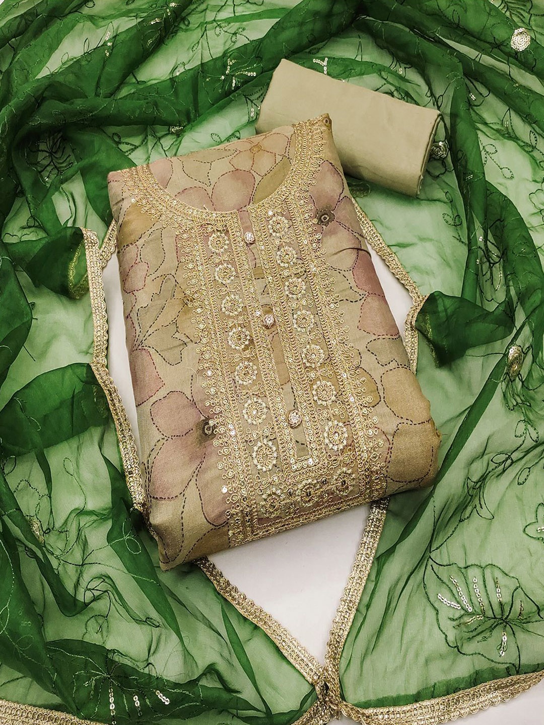 

Lilots Unstitched Dress Material, Green