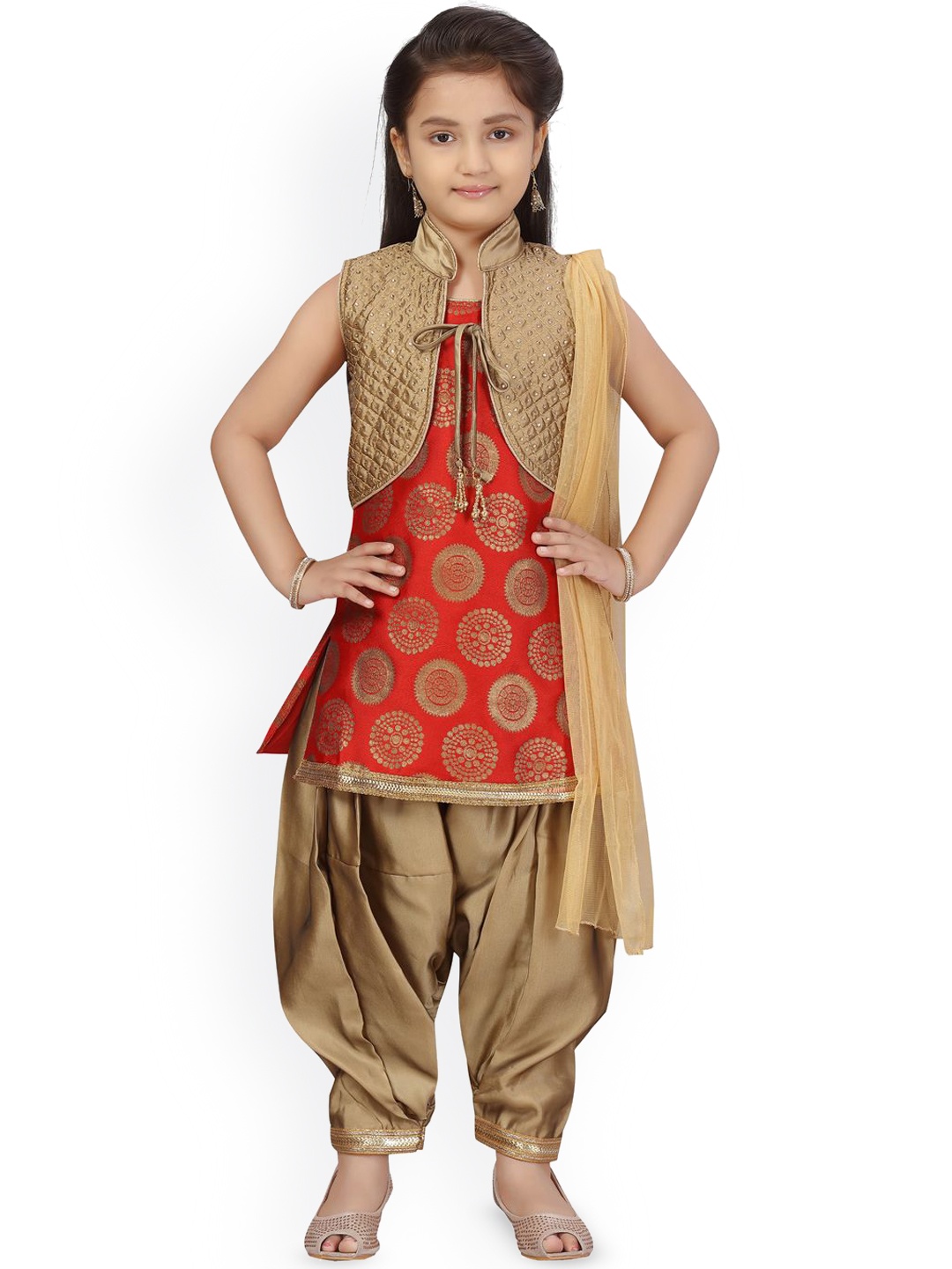 

BAESD Girls Ethnic Motifs Woven Design Zari Pure Silk Straight Kurti & Patiala & Dupatta, Red