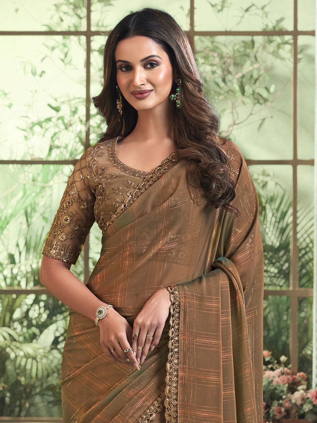 

Anouk Embellished Embroidered Poly Georgette Saree, Bronze