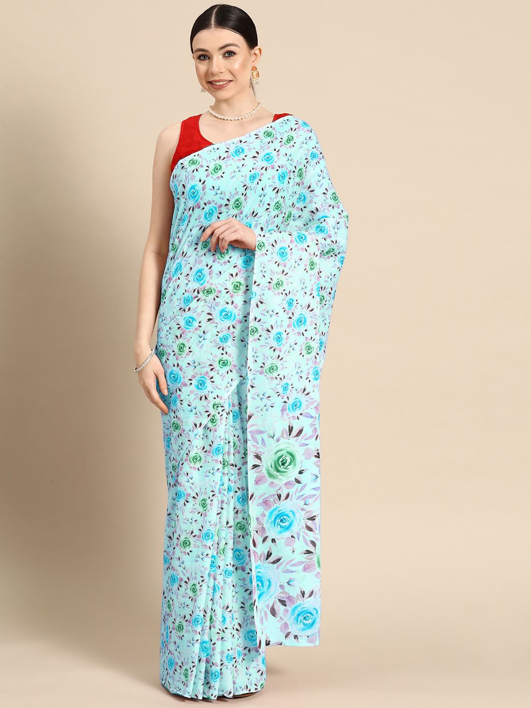 

BUTA BUTI Floral Pure Cotton Saree, Blue