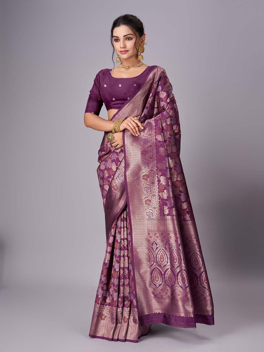 

Sanwariya Silk Woven Design Zari Jute Silk Kanjeevaram Saree, Purple