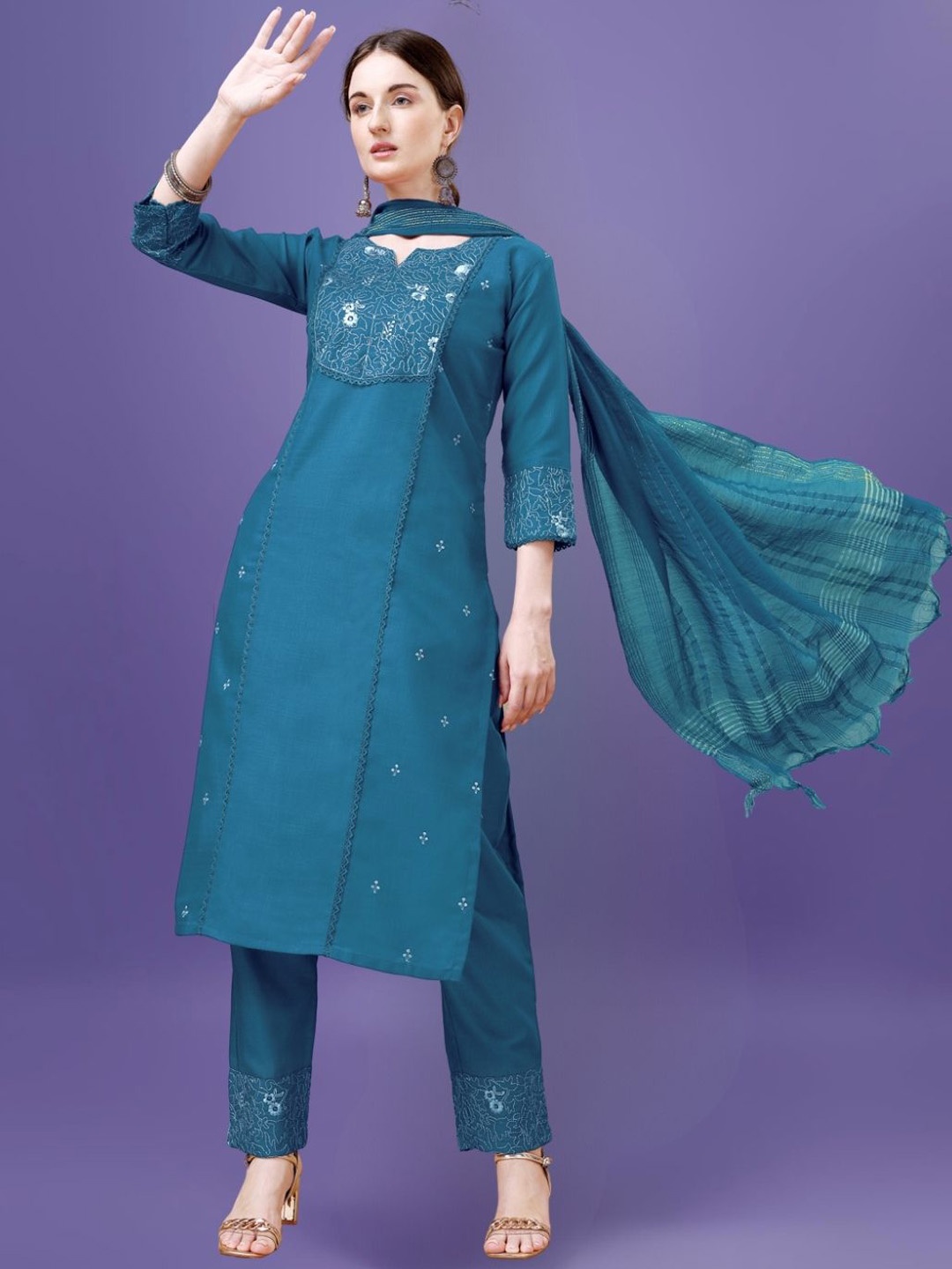 

KAZIA Floral Embroidered Notch Neck Straight Kurta with Trousers & Dupatta, Teal