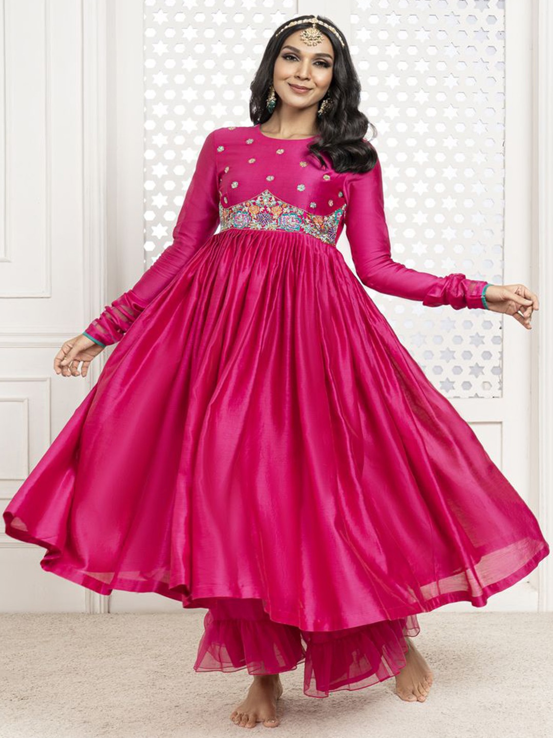 

The Aarya Ethnic Motifs Chanderi Cotton Anarkali Kurta with Palazzos & With Dupatta, Pink