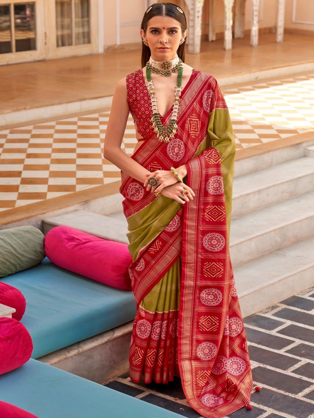 

MySilkLove Striped Zari Silk Blend Patola Saree, Green