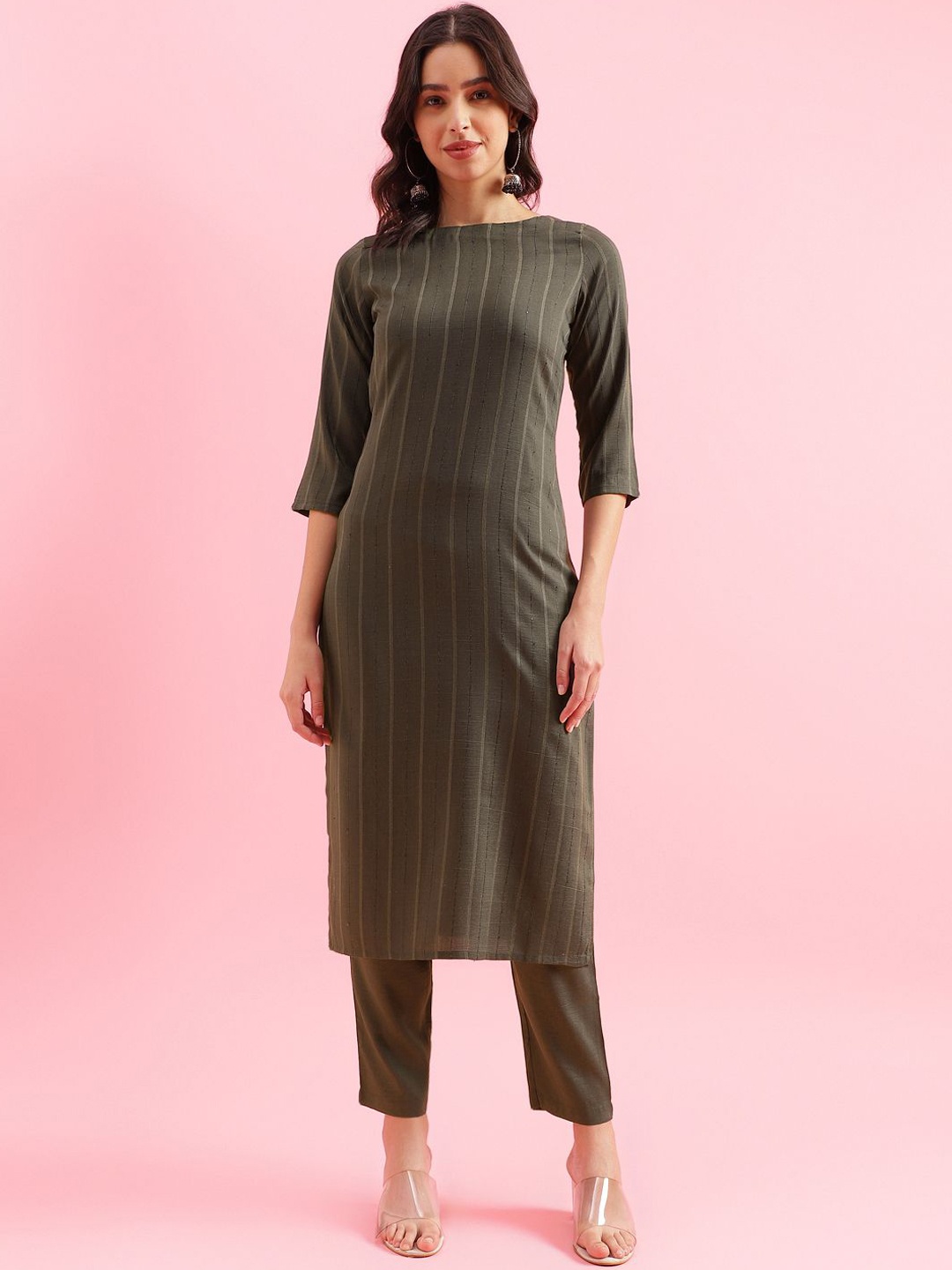 

HRITIKA Striped Straight Sequinned Kurta with Trousers, Green