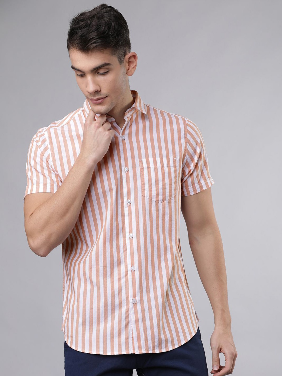 

HIGHLANDER Men Slim Fit Opaque Striped Casual Shirt, Orange