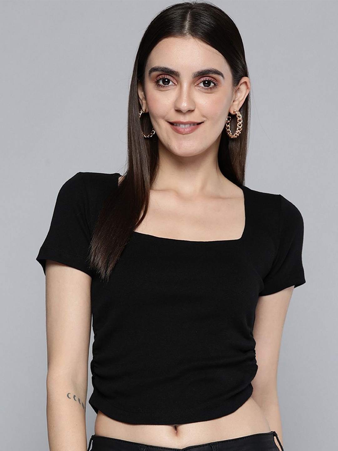 

KRICKEE Women Solid Knits Square Neck Top, Black
