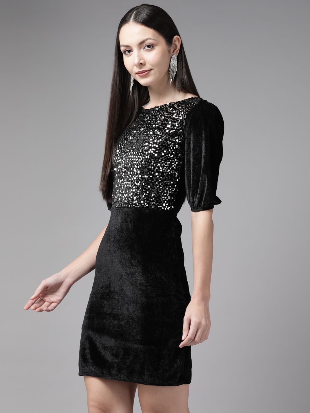 

BAESD Women Embellished Self Design Puff Sleeve Velvet Sheath Dress, Black