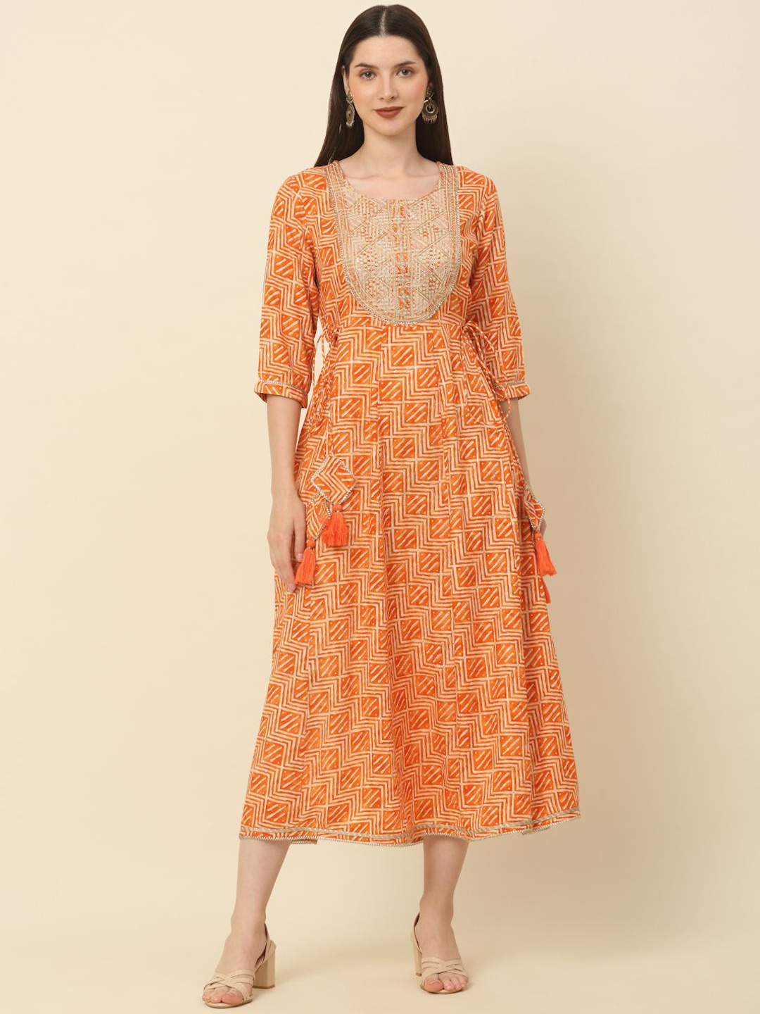 

KALINI Geometric Printed Embroidered A-Line Midi Ethnic Dress, Orange