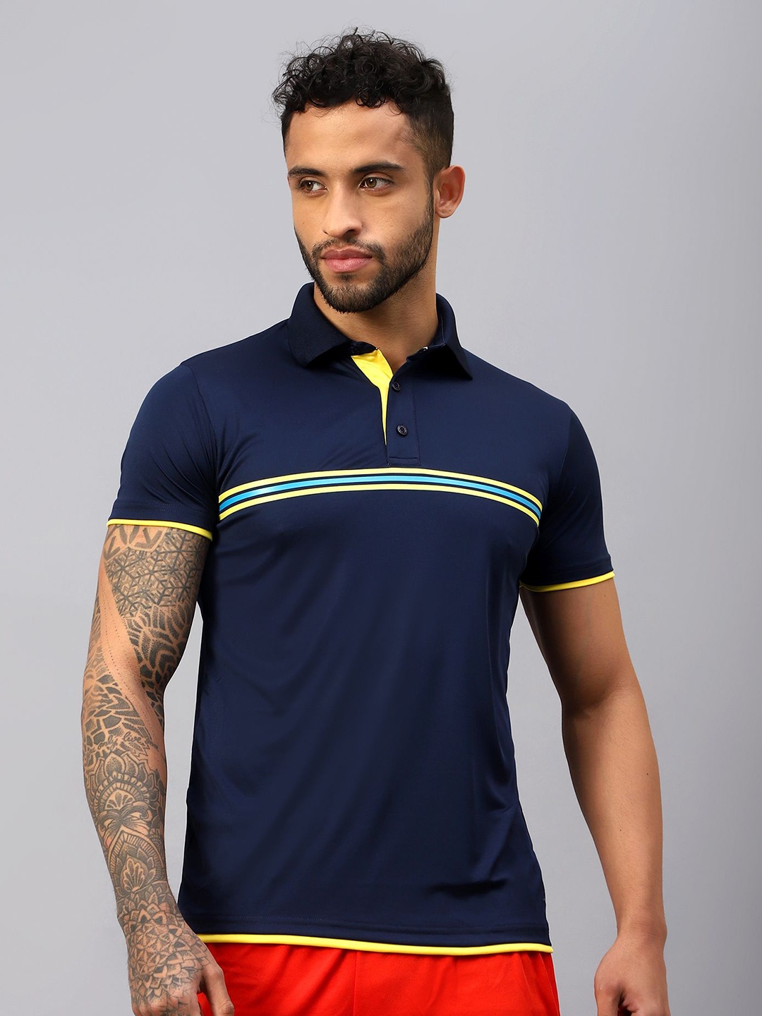 

VECTOR X Men Graphic Printed Polo Collar T-Shirt, Navy blue