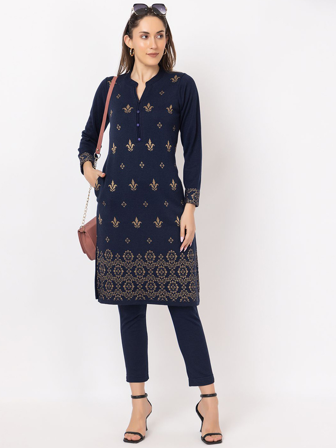 

Anouk Women Ethnic Motifs Embellished Jacquard Winter Wear Kurta, Navy blue