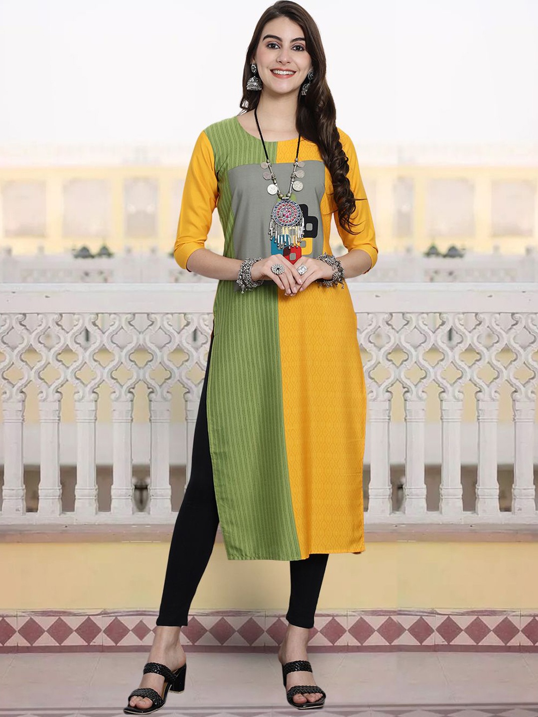 

7Threads Colourblocked Round Neck Crepe Straight Kurta, Yellow