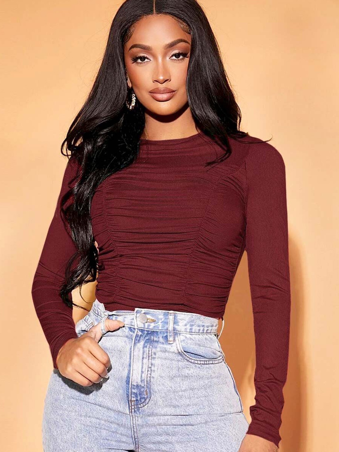 

Stylecast X Slyck Solid Pattern Gathered or Pleated Crop Top, Maroon