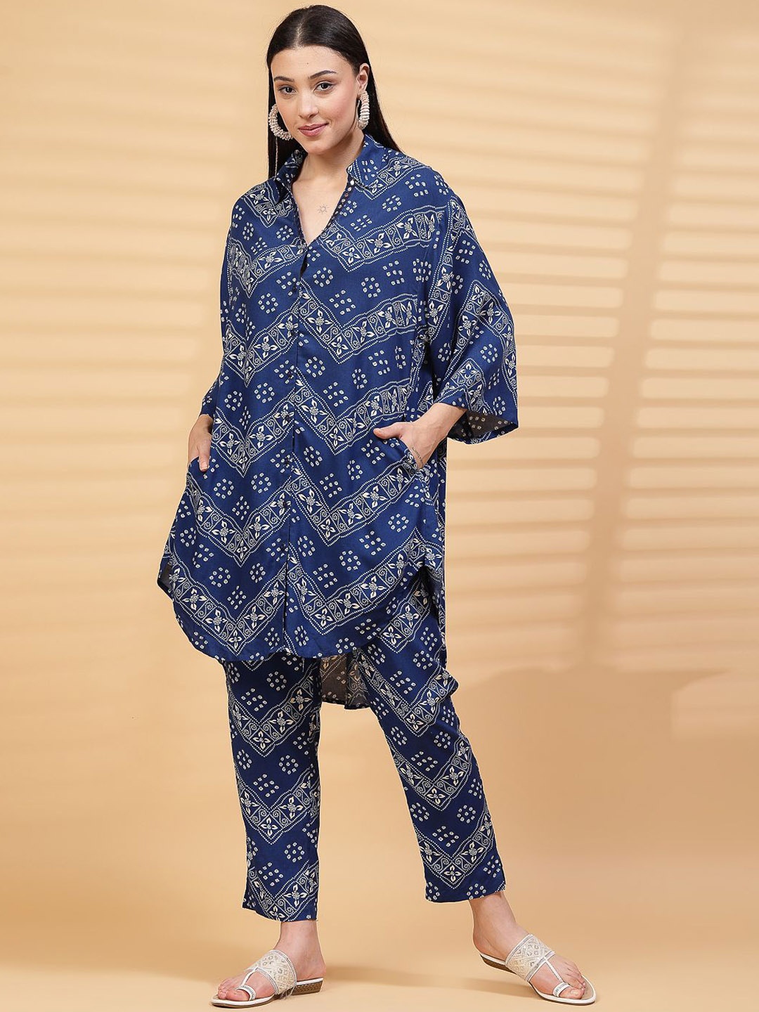 

House Of Zelena Printed Shirt Collar Zipless Feeding Shirt With Trouser Zipless Feeding, Blue