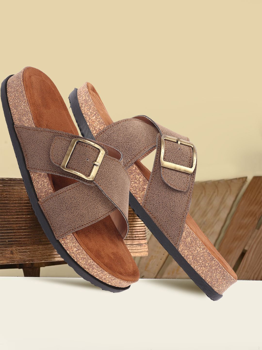 

JUMPLITE Buckle Detail Flatform Sandals, Tan