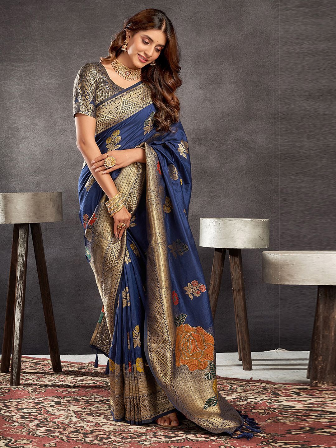 

Satrani Ethnic Motifs Zari Pure Silk Banarasi Saree, Blue