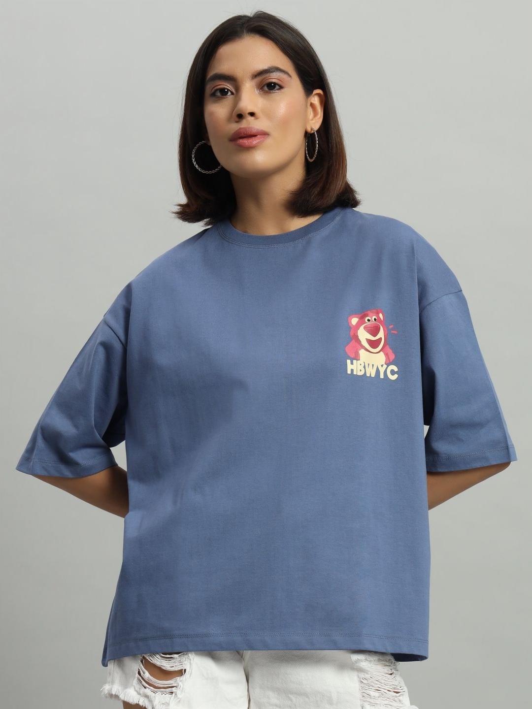 

AECK Women Graphic Printed Round Neck Cotton Oversized T-Shirt, Blue