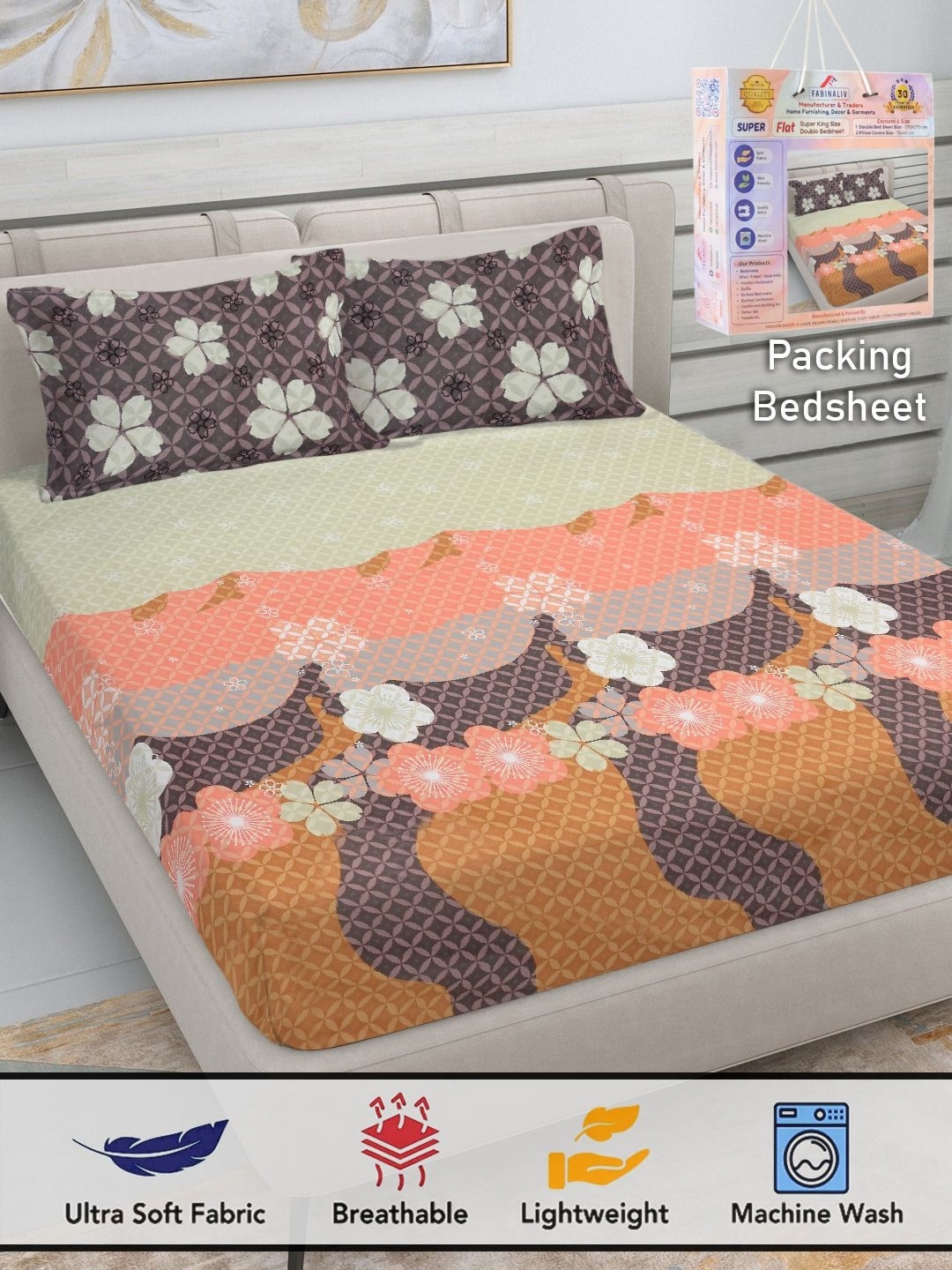 

FABINALIV Orange & Brown Floral 300 TC King Bedsheet with 2 Pillow Covers