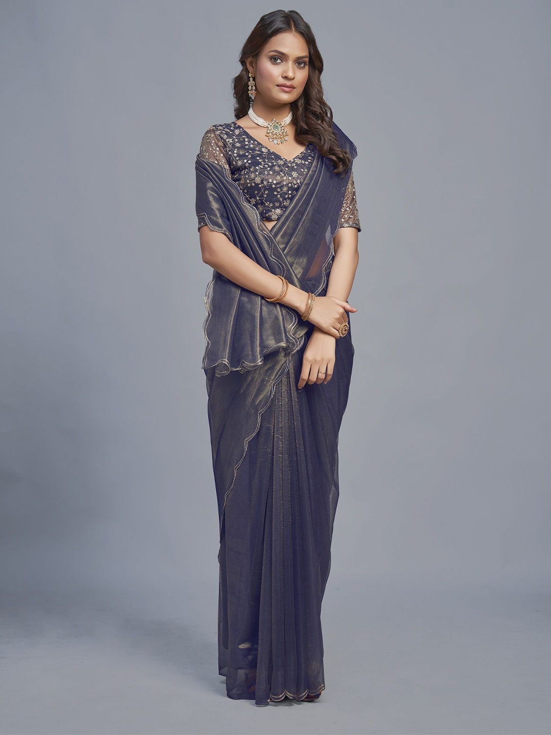 

APNISHA Embroidered Organza Saree, Navy blue