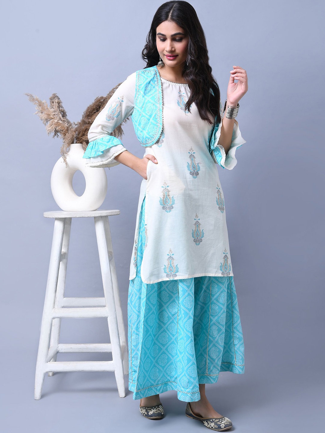

Anouk Ethnic Motifs Printed Gotta Patti Regular Straight Kurta With Sharara, Off white