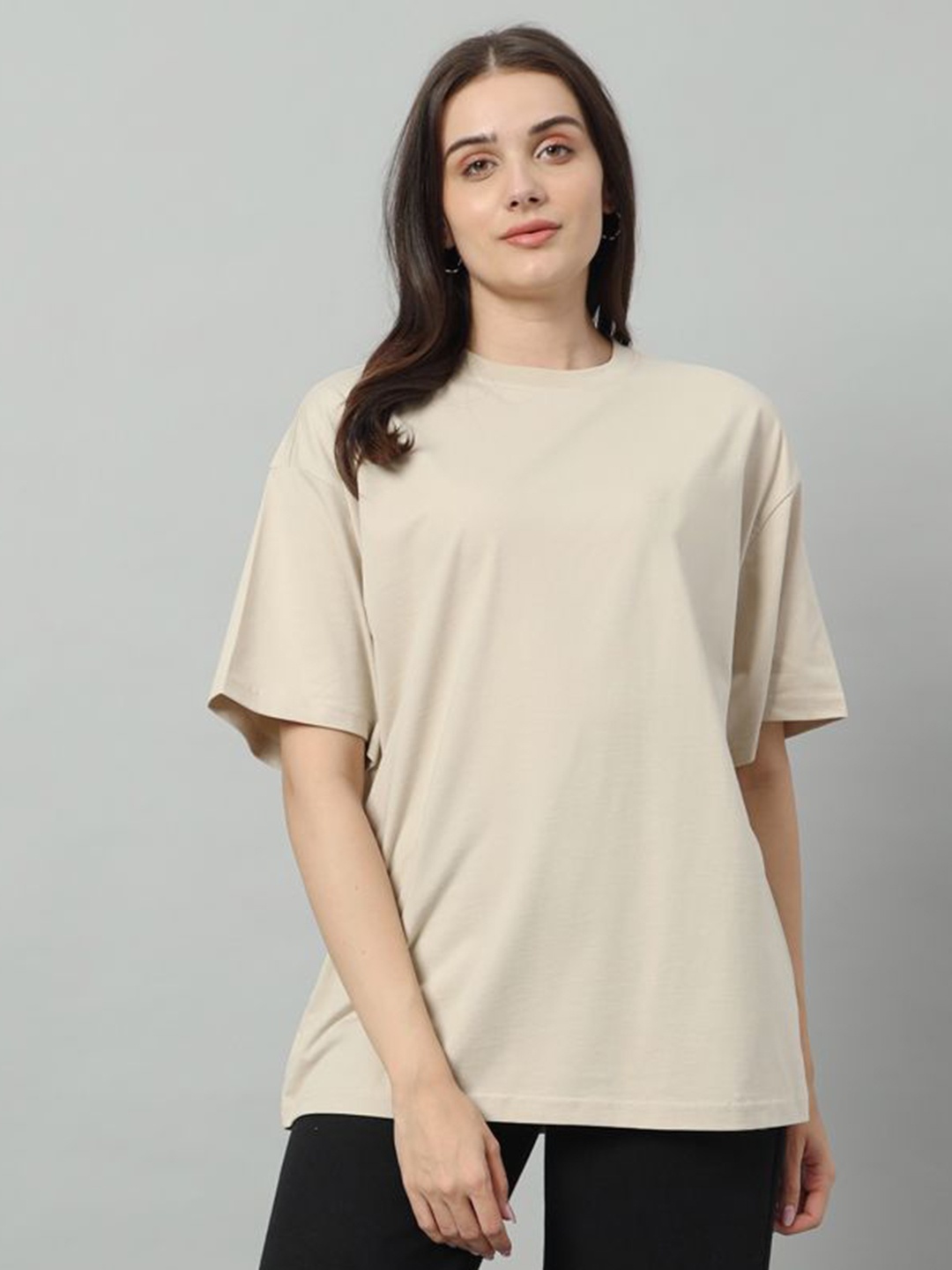 

SWAGNOX Women Solid Round Neck Cotton Oversized T-Shirt, Beige