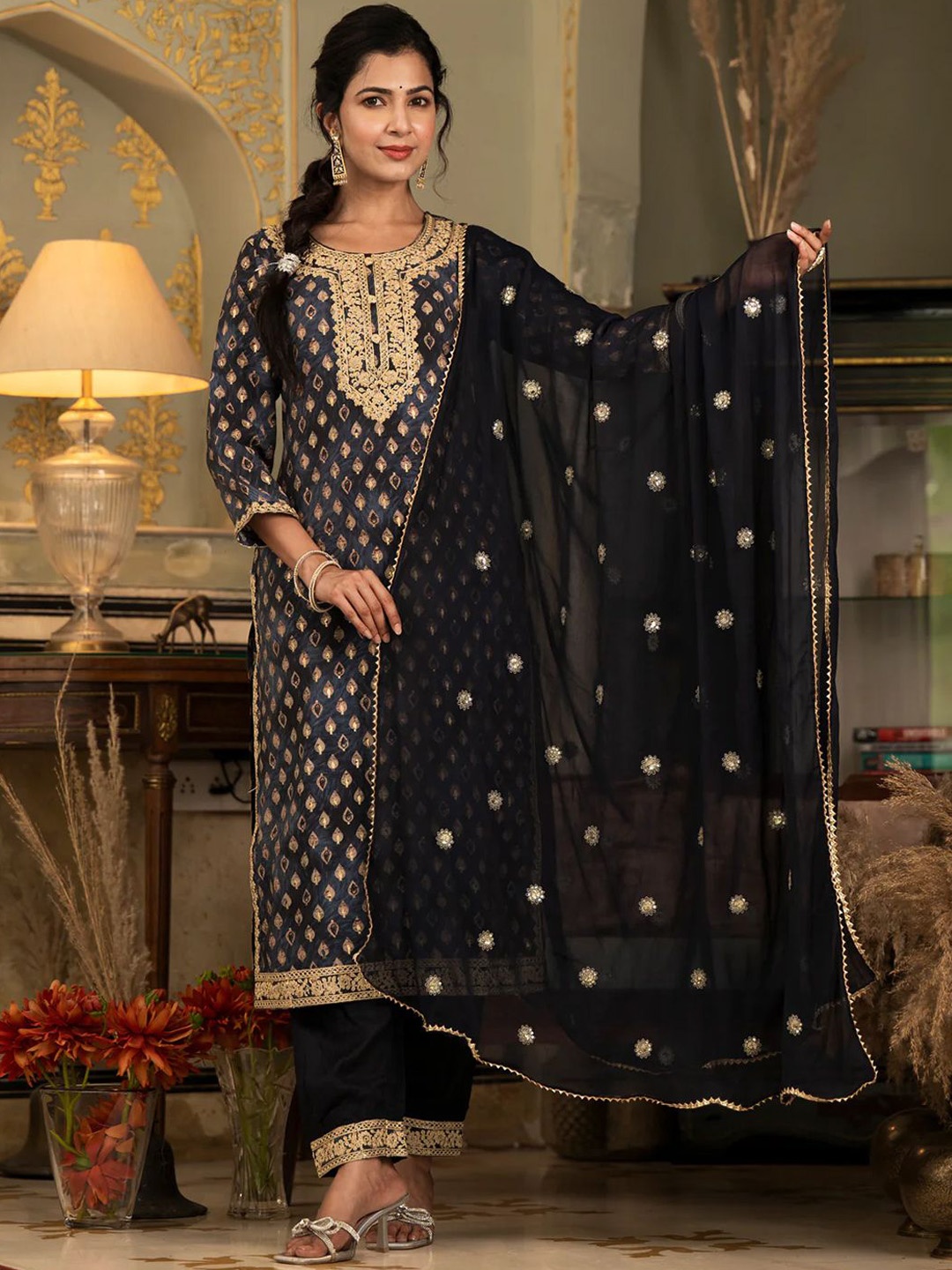 

ARAVALII Ethnic Motifs Printed Thread Work Straight Kurta With Trousers & Dupatta, Black