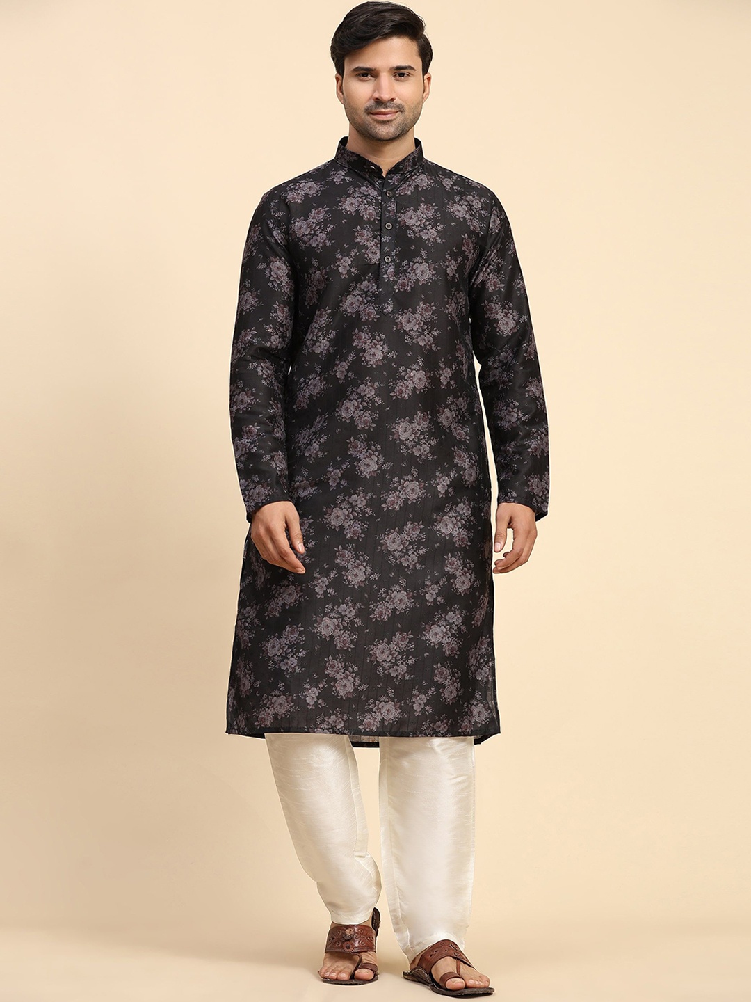 

Rawayi Floral Printed Band Collar Cotton Straight Kurta, Black