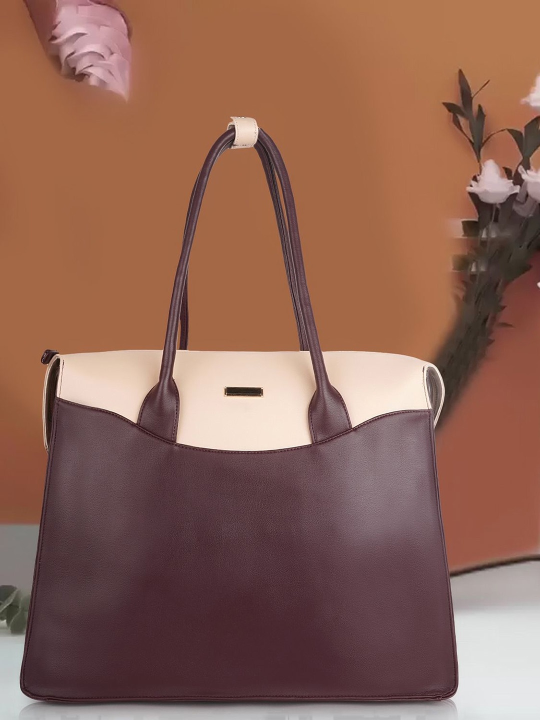 

PARSLEY Colourblocked Structured Tote Bag with Bow Detail, Brown
