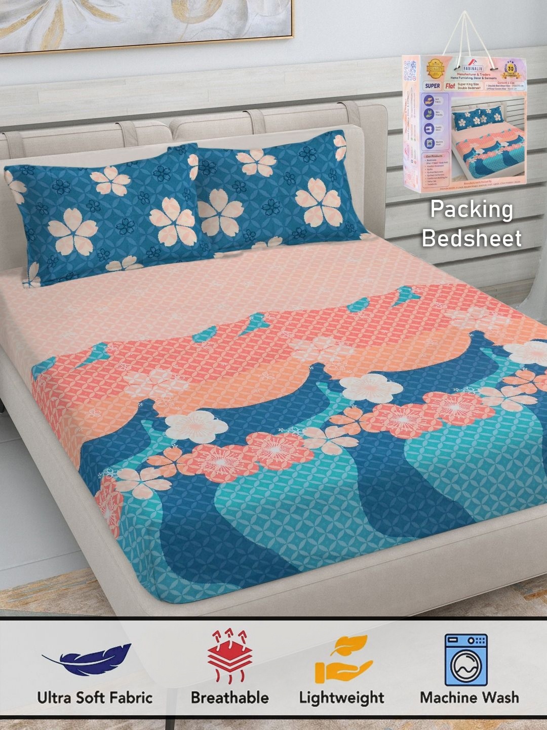 

FABINALIV Pink & Blue Floral 300 TC King Bedsheet with 2 Pillow Covers