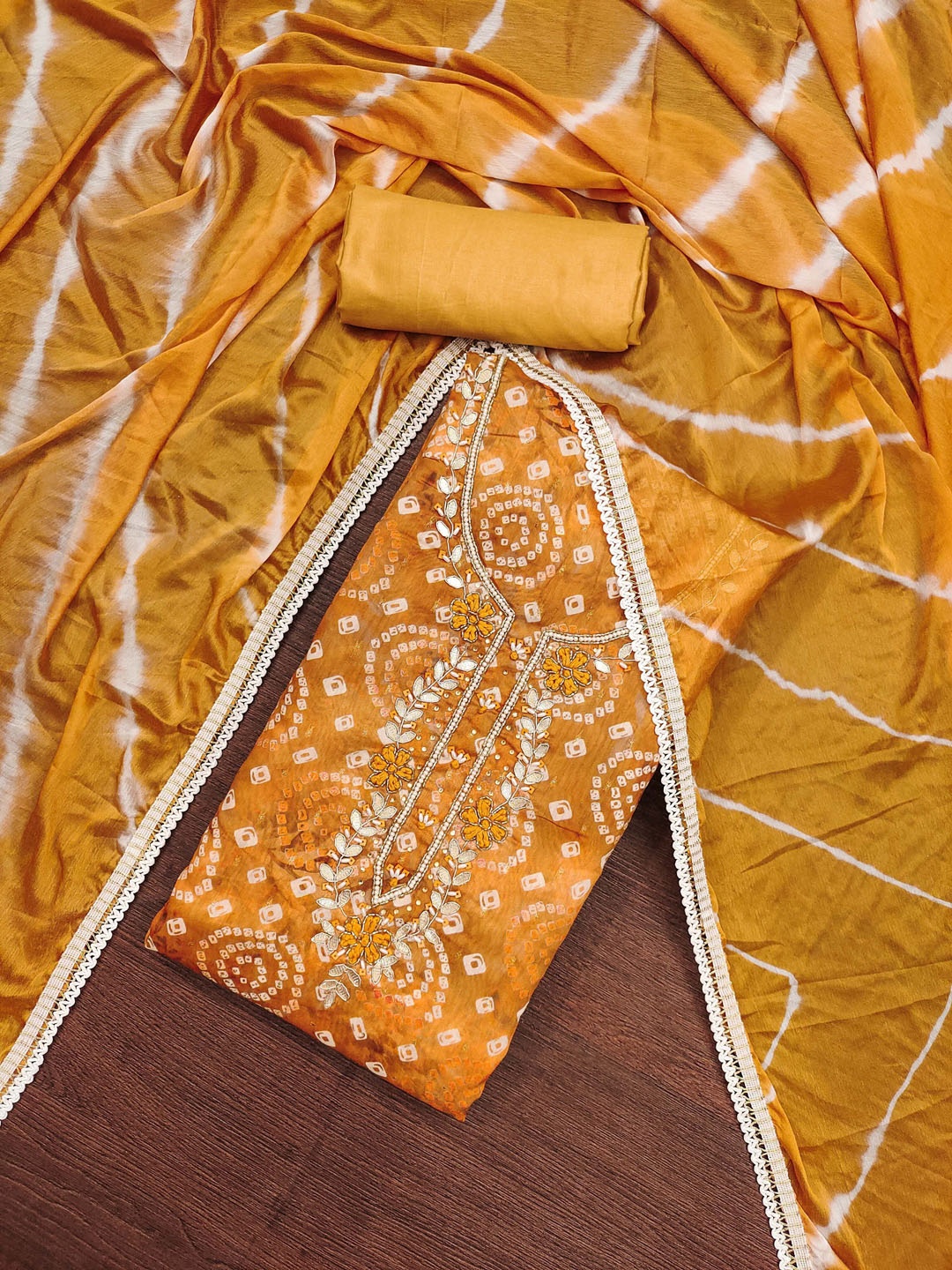 

KIMISHA Bandhani Printed Beads Unstitched Dress Material, Mustard