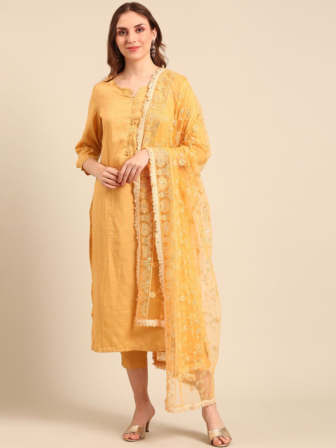 

Anouk Women Regular Chanderi Cotton Kurta with Trousers & With Dupatta, Yellow