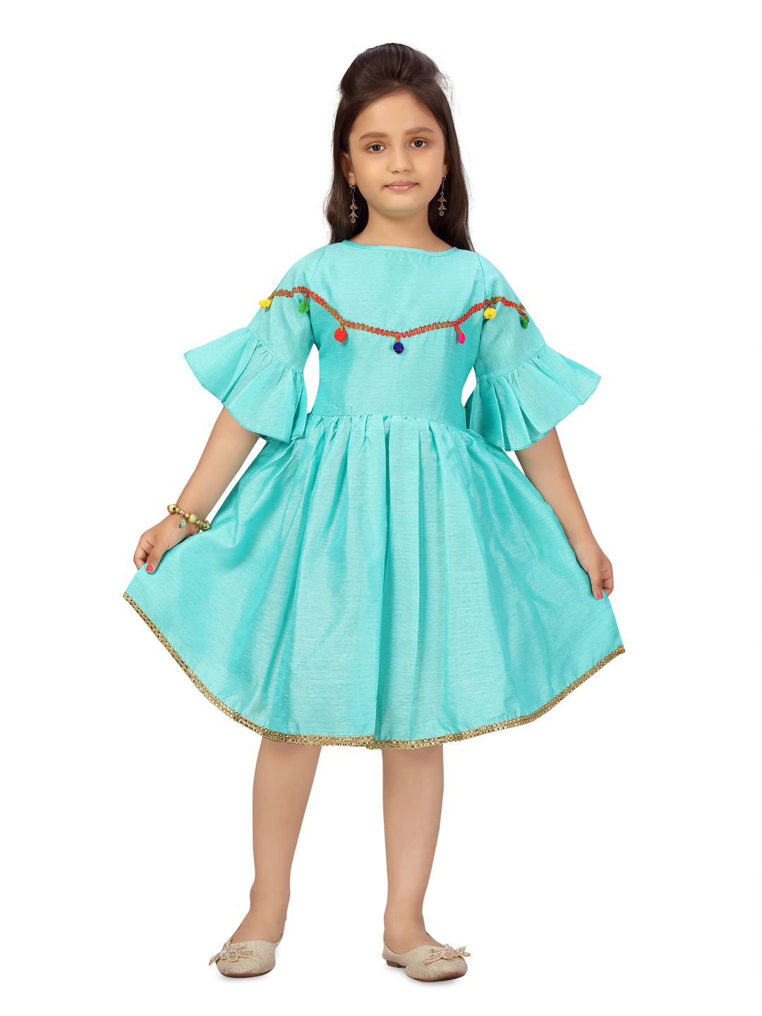 

BAESD Girls Bell Sleeve Fit & Flare Pom-Pom Dress, Turquoise blue