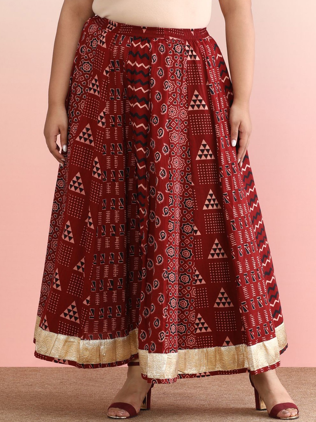 

anayna Printed Pure Cotton Flared Ethnic Maxi Skirt, Maroon