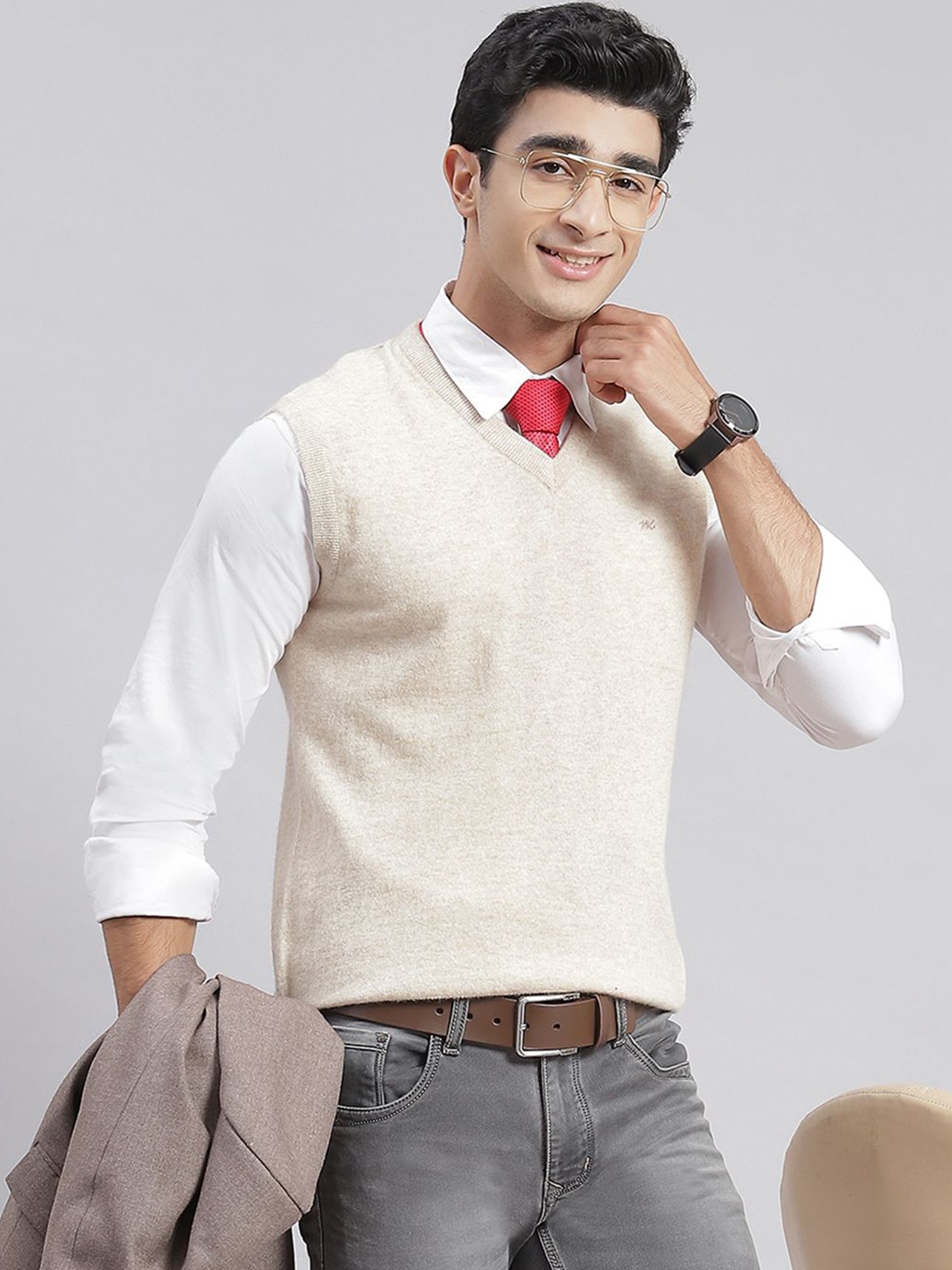 

Monte Carlo Men Woollen Sweater Vest, Cream