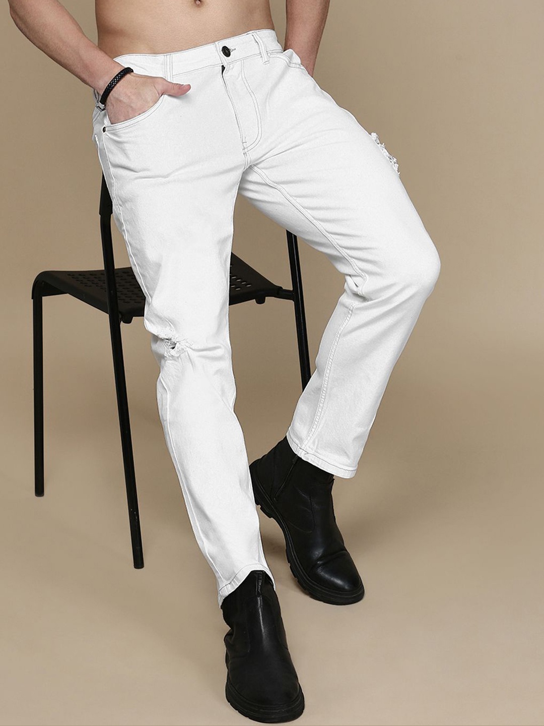 

The Roadster Lifestyle Co Men Slim-Fit Mid-Rise Cotton Low Distress Jeans, White