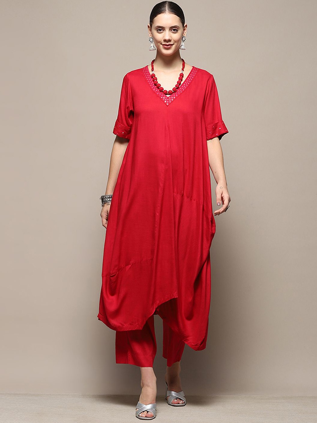 

Biba Mirror Work A-Line Kurta With Palazzos, Burgundy