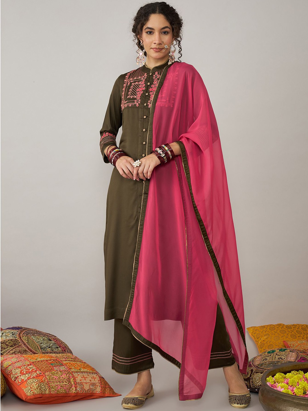 

STADO Ethnic Motifs Yoke Design Thread Work Kurta with Trousers & Dupatta, Olive