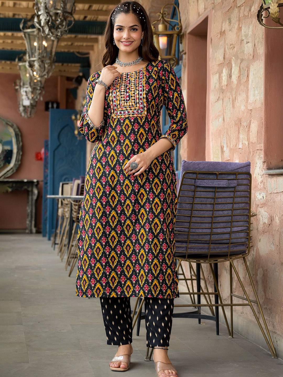 

KALINI Ethnic Motifs Yoke Design Thread Work Straight Kurta, Yellow